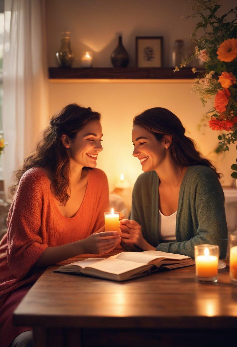 A warm and inviting scene depicting a couple enjoying a cozy candlelit dinner, surrounded by beautiful flowers and soft lighting, exchanging smiles and laughter. Include subtle elements of shared hobbies, like books and travel souvenirs, in the background to symbolize connection and understanding. The atmosphere should evoke intimacy and joy, radiating positivity and togetherness. super-realistic. vibrant colors. soft focus.