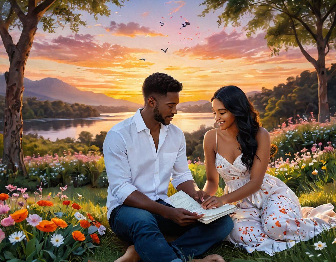 A heartwarming collage of diverse couples sharing intimate moments, surrounded by elements of nature like blooming flowers and gentle sunsets. Include soft, glowing light to symbolize love and warmth, while featuring hand-drawn love letters and heart sketches in the background. Capture the essence of real-life love stories that inspire, evoking emotions of joy and connection. painting. vibrant colors. soft focus.