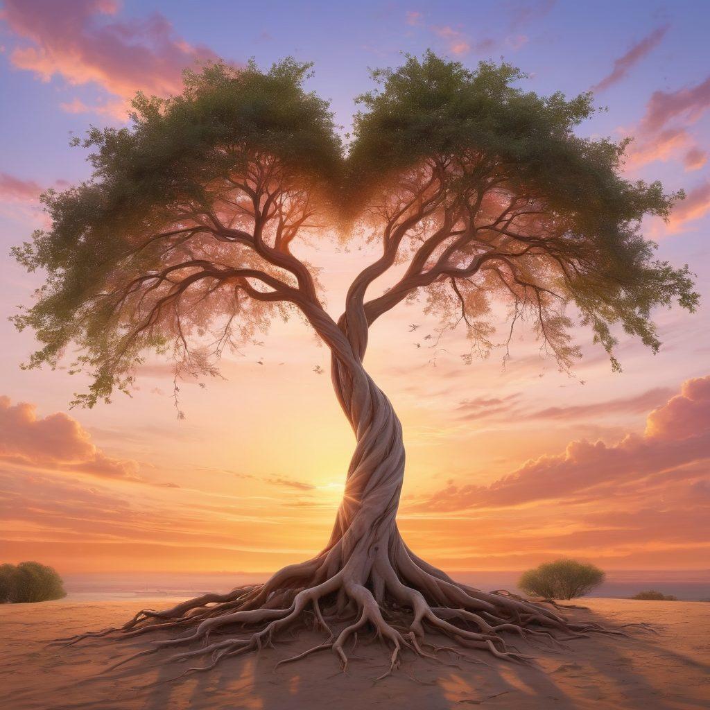 A beautiful, intertwined tree with strong roots, symbolizing love and connection, surrounded by couples of diverse backgrounds sharing intimate moments. Soft, glowing hearts float around, radiating warmth and affection. A serene, pastel sky at sunset provides a romantic backdrop. super-realistic. warm colors. peaceful atmosphere.